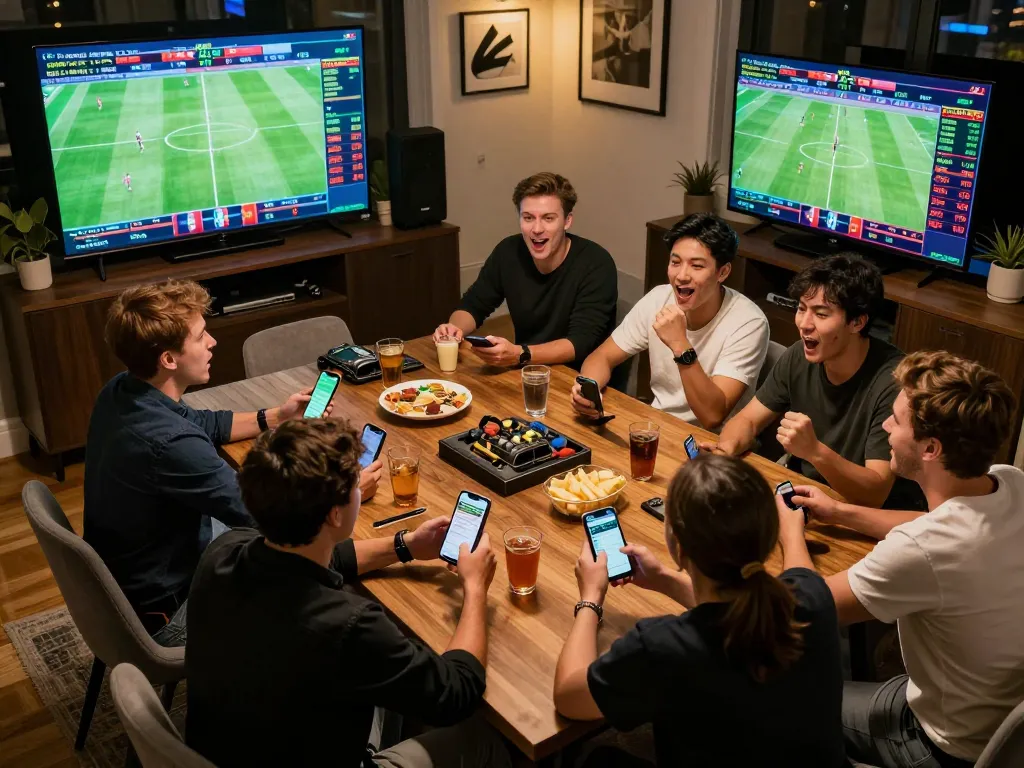 Friends engaging in sports betting using keonhacaii88 app while watching matches live on TV.