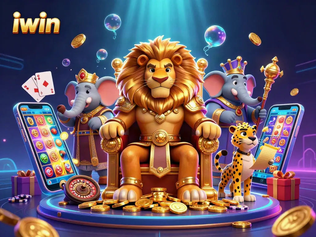 Play thrilling casino games with iwin featuring a lion king and his advisors amidst golden riches.
