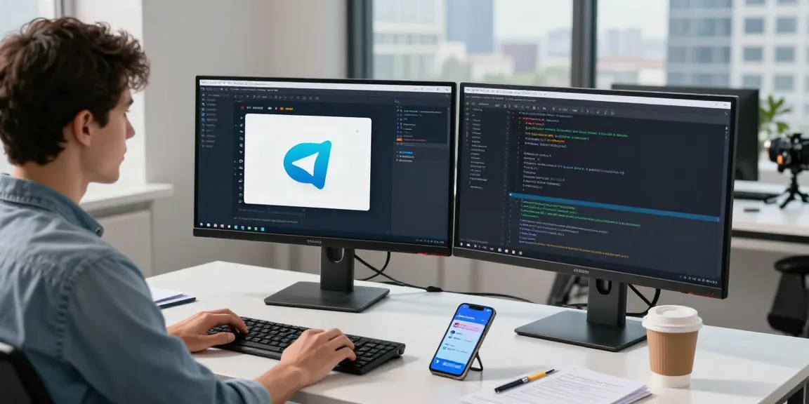 Telegram下载 in a modern tech workspace with a developer coding, showcasing productivity and software interface.