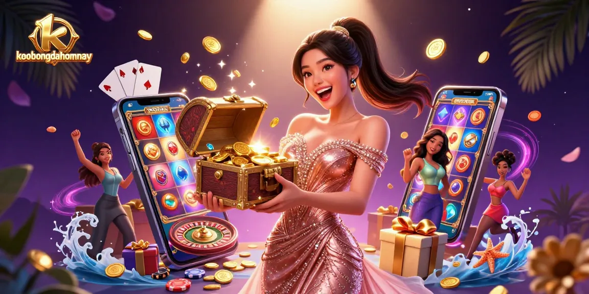 Win big with keobongdahomnay as a joyful woman presents treasures from a dazzling chest in a thrilling casino scene.