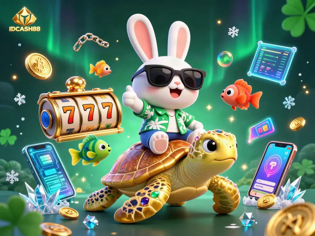 IDCASH88 brings excitement with a lucky rabbit and turtle in a vibrant casino scene.