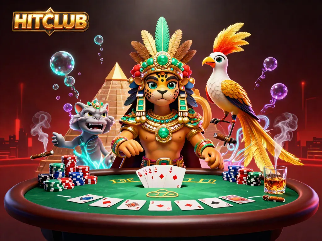 Engage with HITCLUB in an exciting casino atmosphere featuring vibrant poker elements, a Mayan jaguar priest, and treasures.