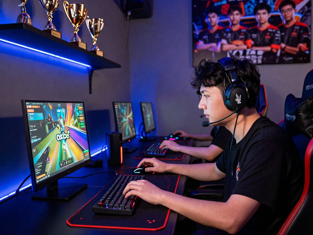 Intense gamer immersed in esports with oxbet logo on laptop