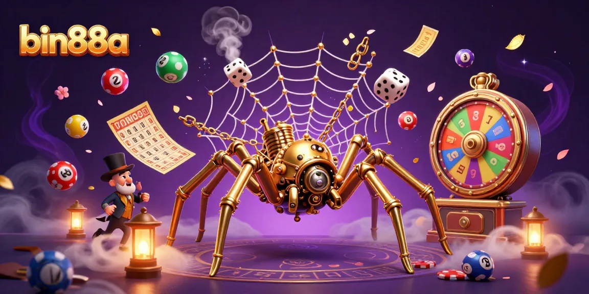Win big with bin88a in a colorful 3D casino scene featuring a golden spider web and lively lottery elements.