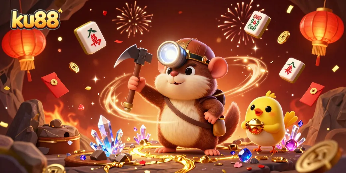 ku88 showcases excitement as a treasure hunter mole mines gems in a vibrant casino scene