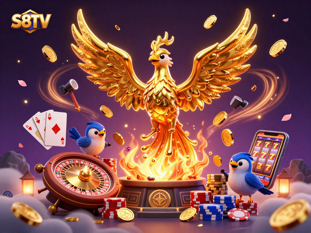 Experience thrilling victories with S8TV's golden phoenix rising in a vibrant casino atmosphere.