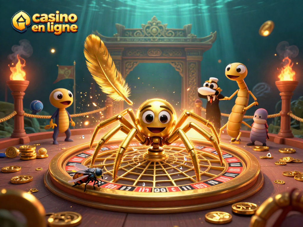 Gagnez au casino en ligne avec une illustration captivante d'une araignée d'or et un croupier centipède.