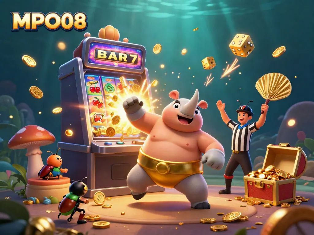 MPO08 platform featuring a betting beetle champion amidst a jackpot explosion, ideal for online gamblers.