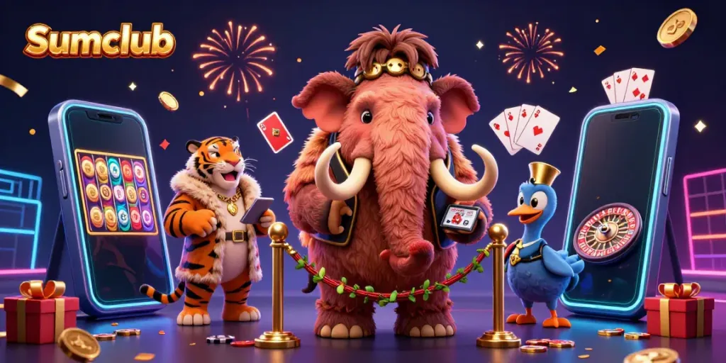 Experience the thrill of gaming at Sumclub with charismatic characters in a lively casino scene.