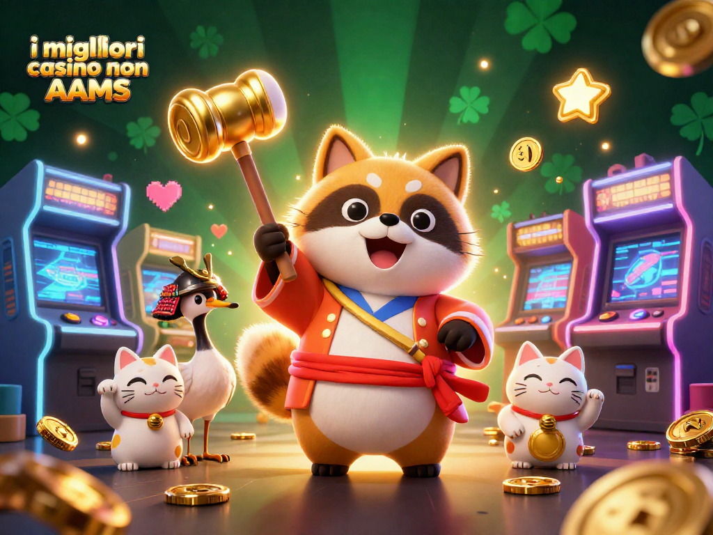 I migliori casino non AAMS: esplorando un'illustrazione vivace di un tanuki e gatti maneki-neko in un casinò virtuale