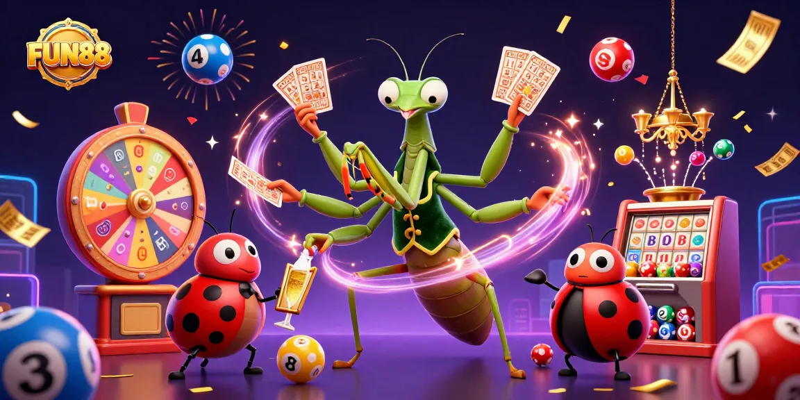 Engage with FUN88's thrilling gameplay featuring vibrant illustrations of lottery excitement and casino elements.