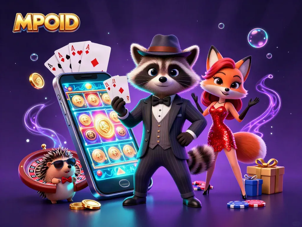 MPOID enhances gaming with a charming raccoon showcasing a royal flush amidst vibrant casino elements.