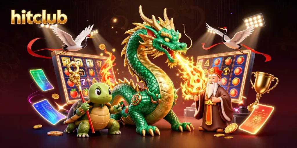 Hitclub promotional illustration depicting exciting slots, a jade dragon, and lucky cranes in dynamic casino action.