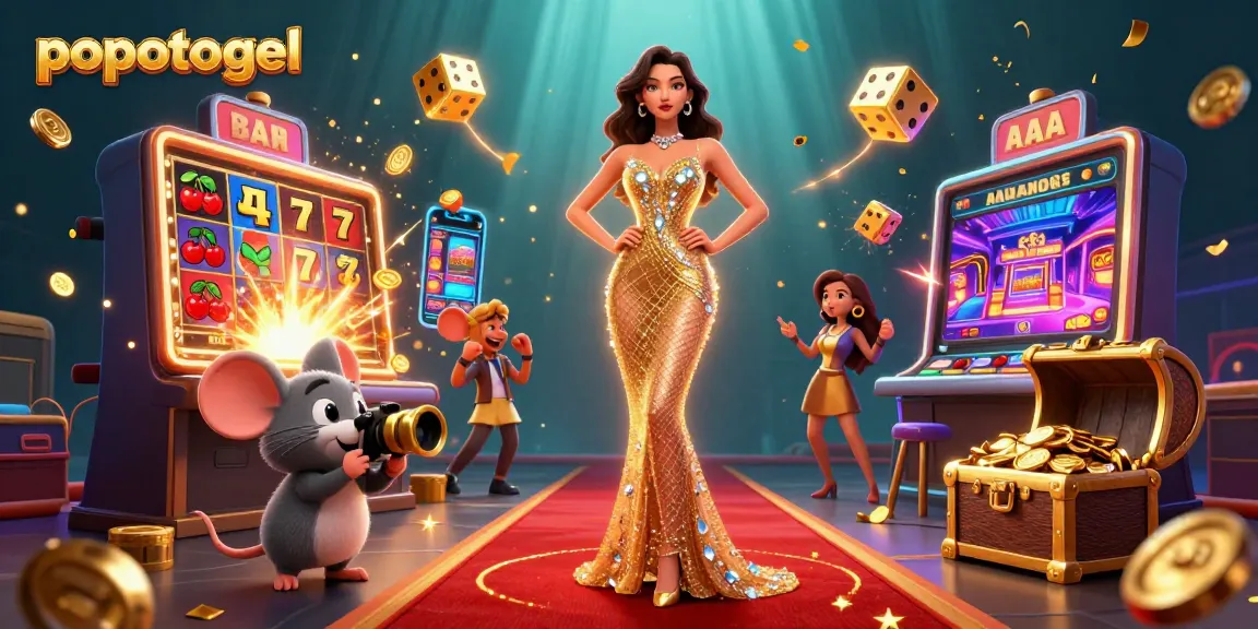 Experience exciting gameplay with popotogel as coins burst from a jackpot slot machine in a vibrant casino scene.