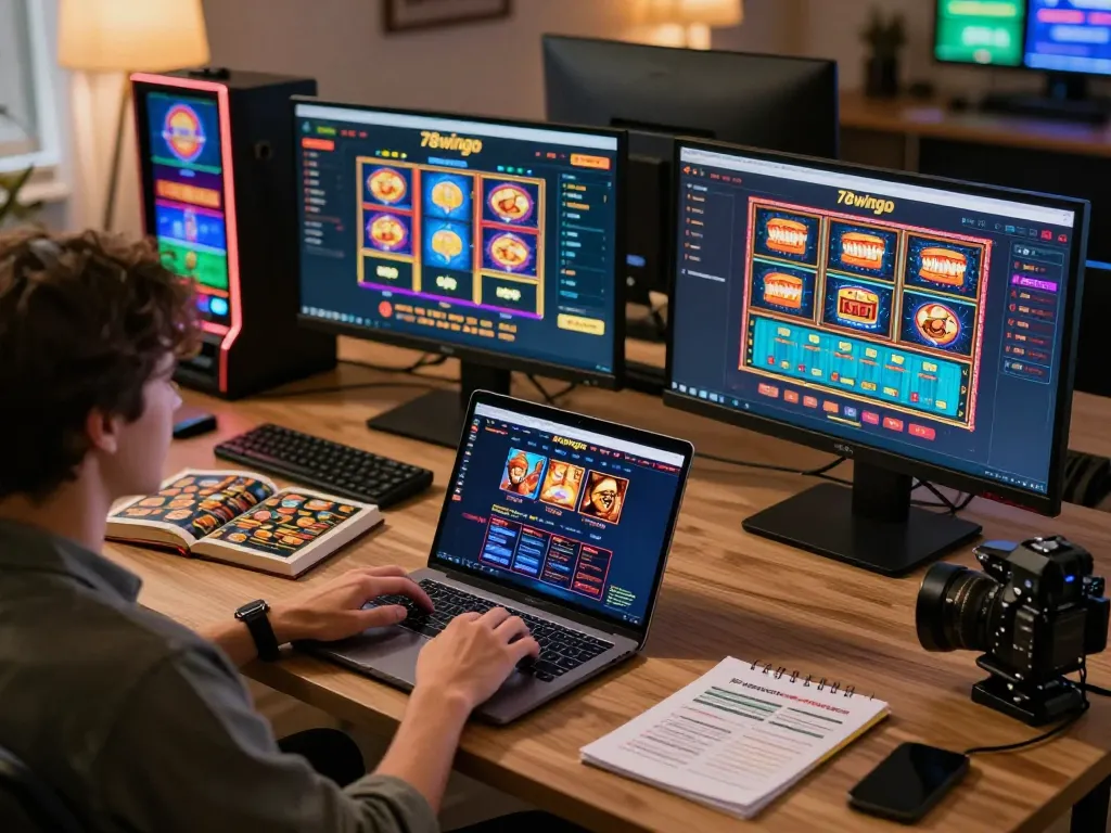 Engaging online gaming scene showcasing 78wingo's casino interface at a comfortable home setup.