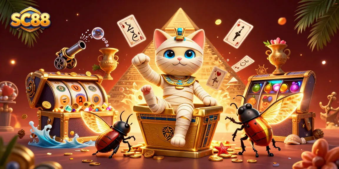 Experience thrilling wins at SC88 with a vibrant 3D illustration of a mummy cat and casino elements.