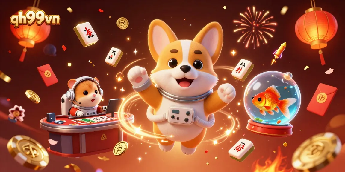 Experience thrilling actions at qh99vn, featuring a 3D cartoon corgi and casino elements.