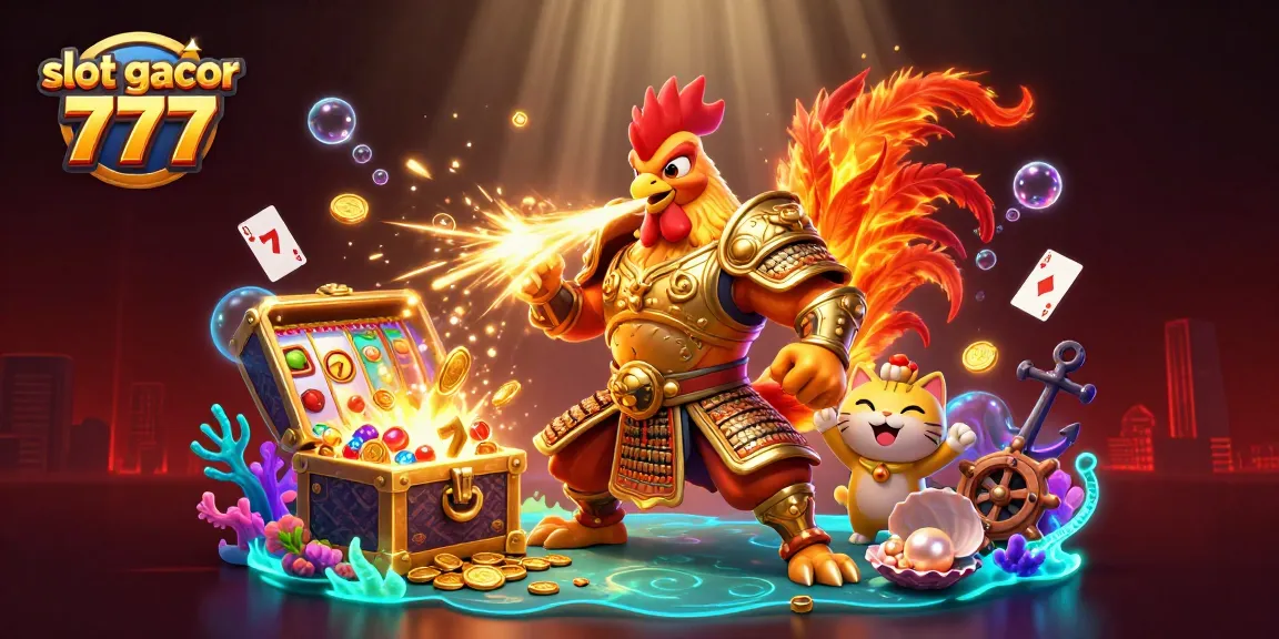 Engage with slot gacor 777 featuring a warrior rooster, dragon hatchling, and treasure elements in vibrant casino scene.