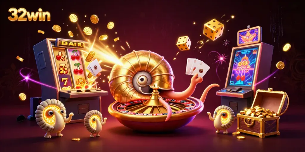 Experience the thrill of 32win with a lively 3D casino scene featuring vibrant characters and game elements.