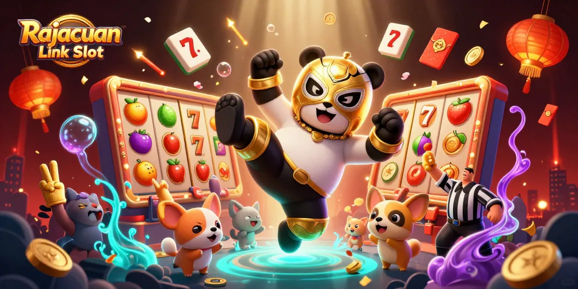 Permainan slot di Rajacuan Link Slot, dengan panda pejuang dan chihuahua wasit, dalam dunia yang penuh cahaya dan warna.