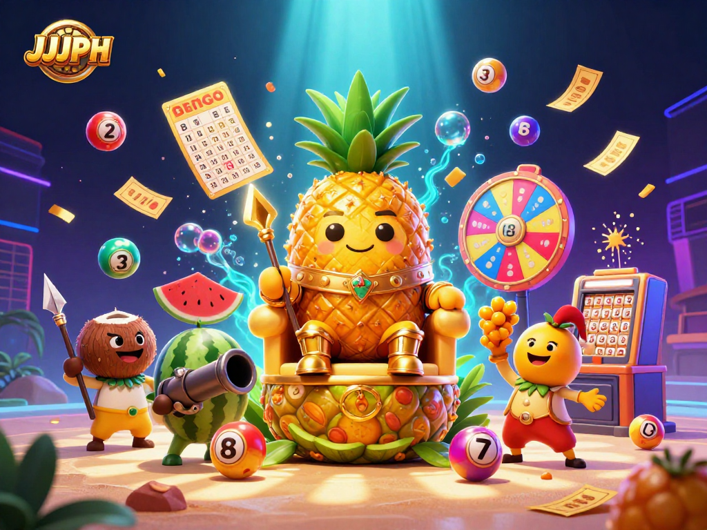 Engaging casino scene with JJJPH characters showcasing vibrant lottery elements and beach environment.