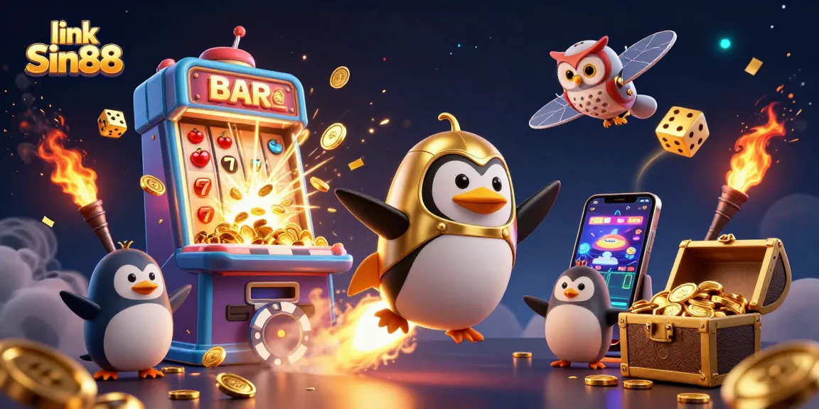 Experience the excitement with the link Sin88 as a golden penguin zooms toward a jackpot bursting with casino treasures.