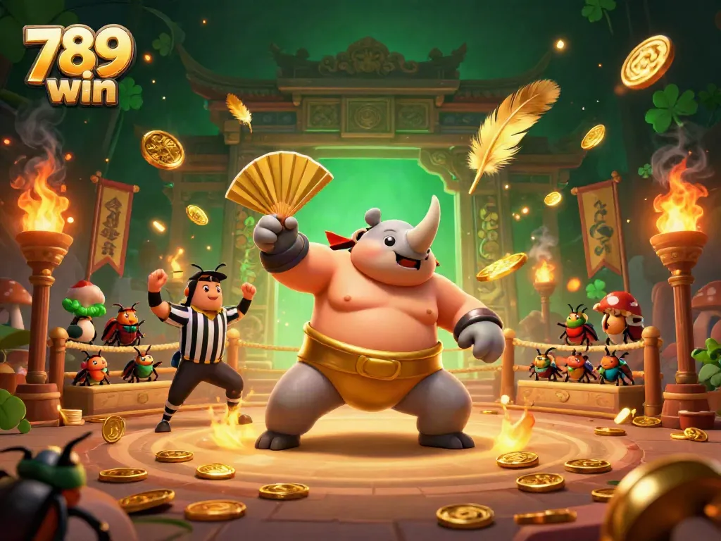 Experience the excitement of 789 win as the sumo champion beetle throws coins in a vibrant gambling arena.