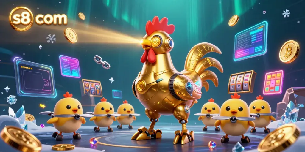 Engage in thrilling gameplay with s8 com, showcasing a dynamic scene of our golden rooster robot at a casino.
