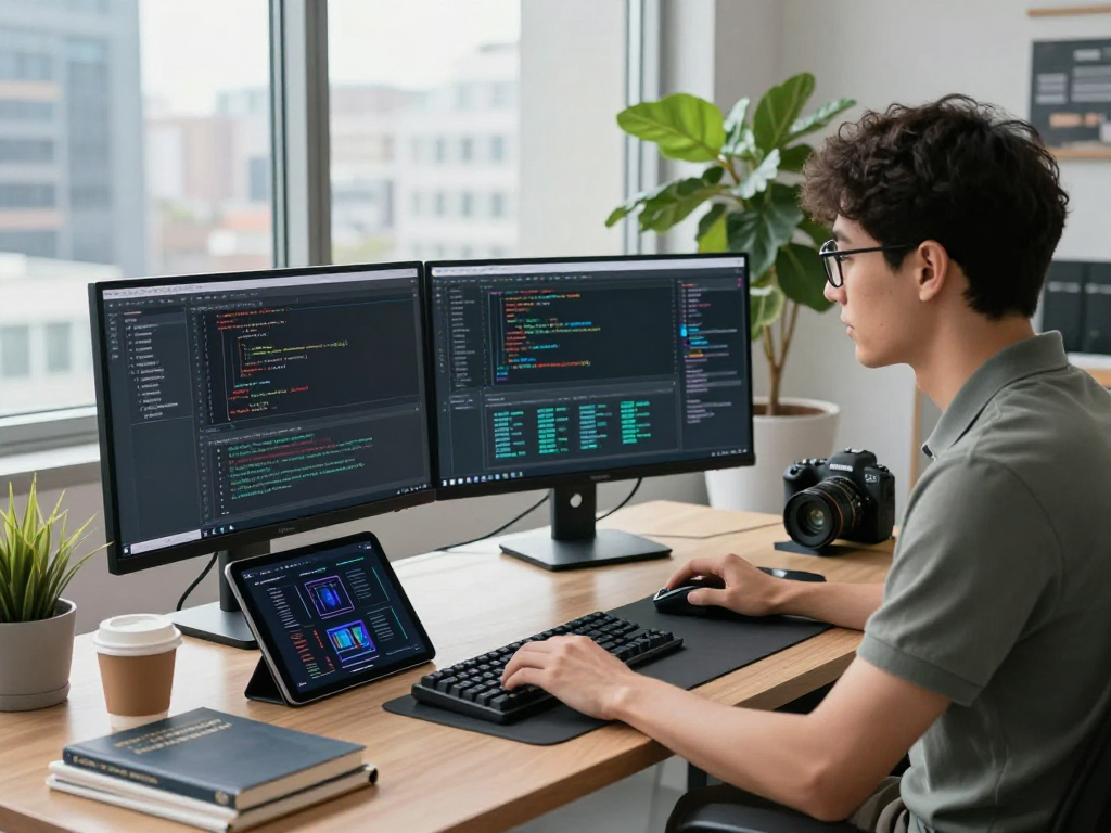 工程师在现代办公环境中使用WPS Office文档进行软件开发，双屏显示代码，专业且充满活力的工作空间。