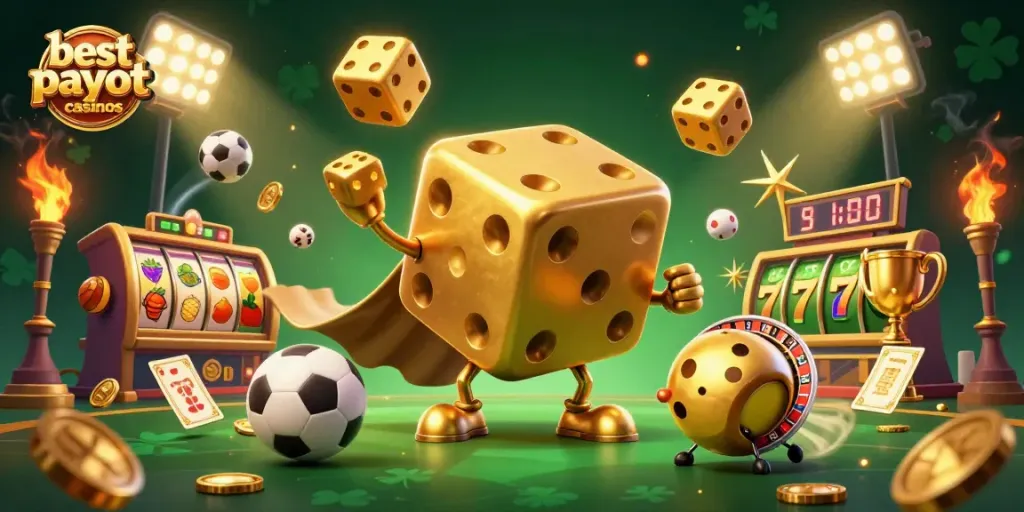 Experience the excitement of the best payout casinos with golden dice and jackpot symbols in a vibrant illustration.