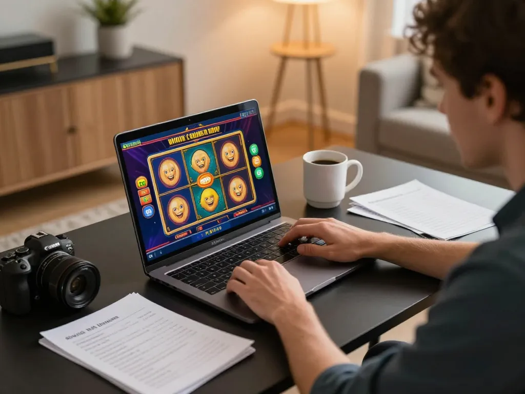 Player engaging with MM88 online casino slot game from home, showcasing excitement and strategic gameplay.
