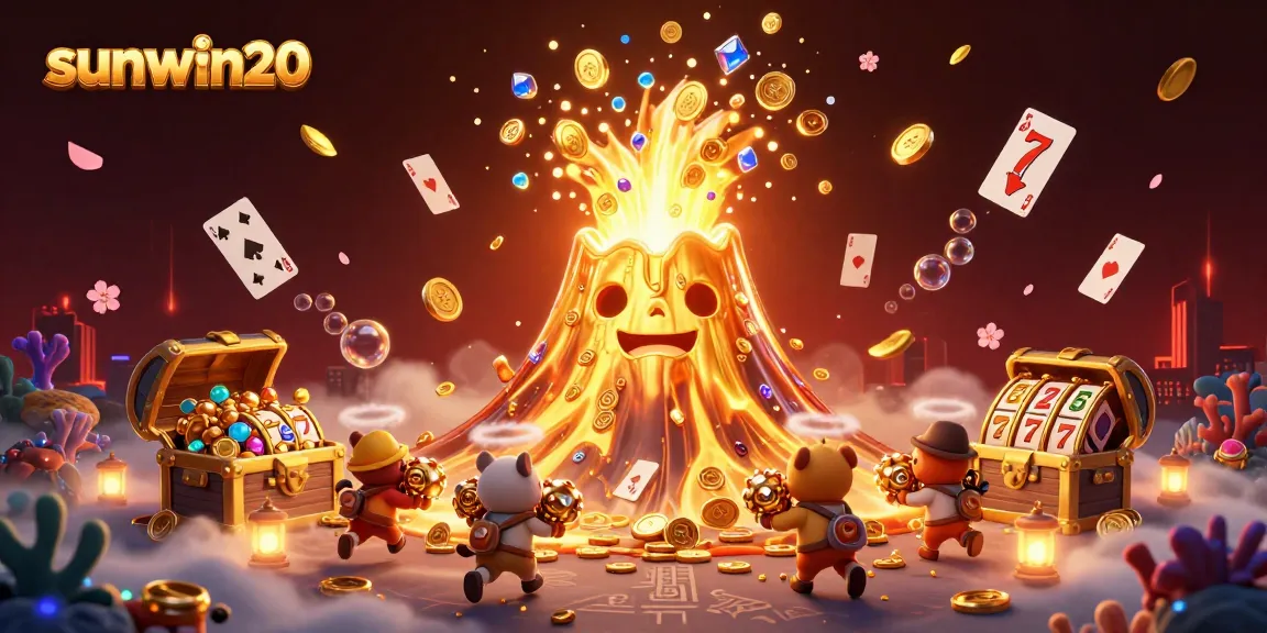 Experience thrilling wins at sunwin20 with a golden volcano erupting coins in a vibrant casino adventure.