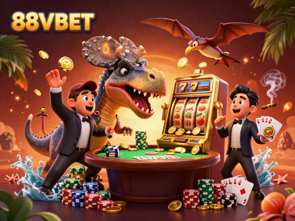 Experience the thrill of 88VBET as dinosaur characters dynamically interact with casino elements.