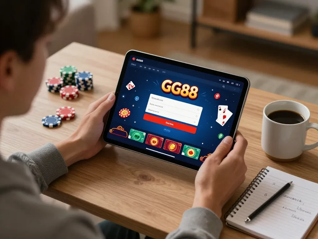 Effortlessly accessing the GG88 platform, a player enjoys online gaming from home while utilizing strategic notes for better results.
