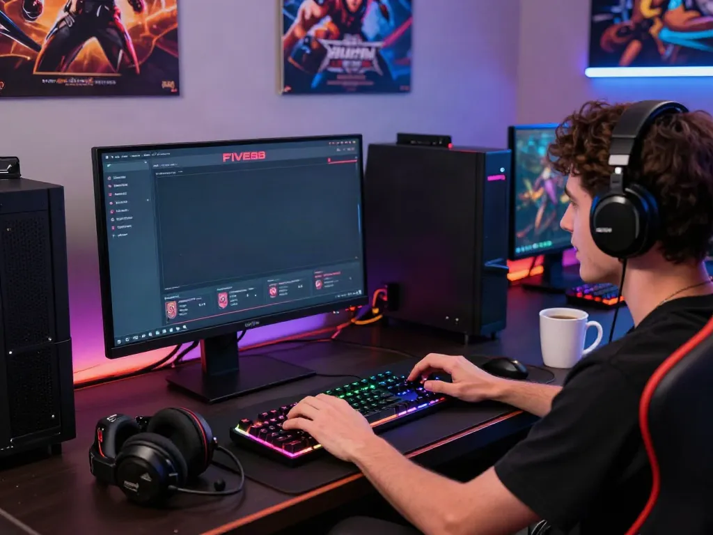Player engaging with the FIVE88 online gaming platform in a vibrant setup.
