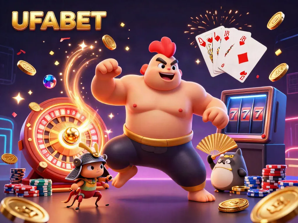 Experience the excitement of UFABET with a powerful sumo wrestler, brave cricket, and announcer amidst vibrant casino elements.