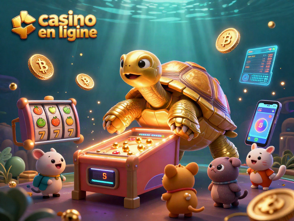 Jouer aux machines à sous dans un casino en ligne avec une tortue et des symboles de jackpot.