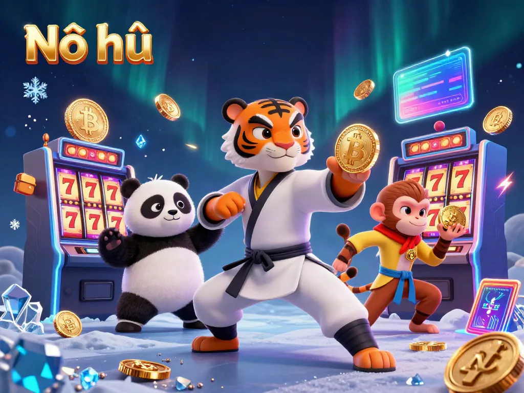 Engage with Nổ hũ gameplay featuring a kung fu tiger master, panda disciple, and monkey student in a vibrant casino setting.