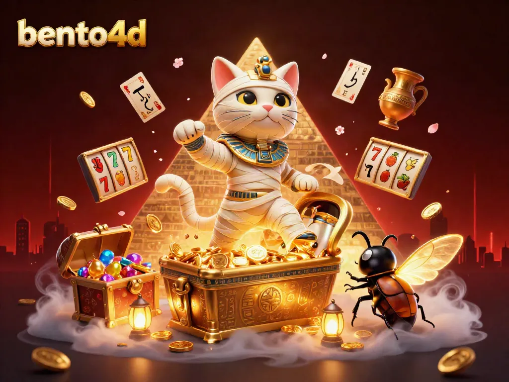 bento4d features a cartoon Egyptian mummy cat in a pyramid casino, bursting with colorful slot symbols and treasures.