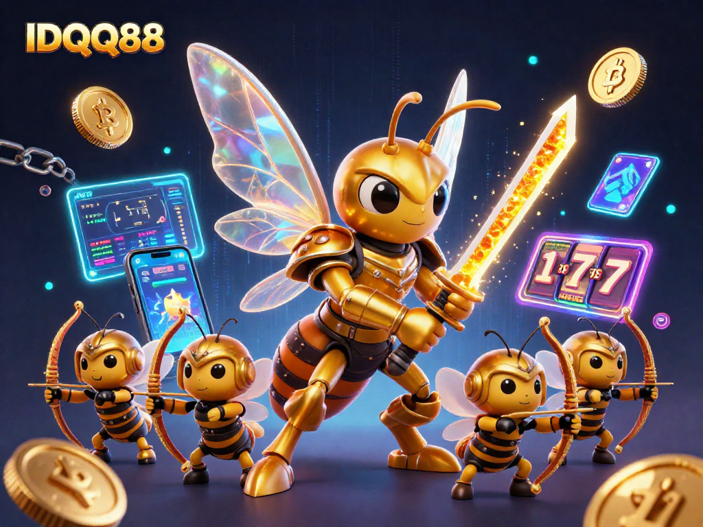 IDQQ88 engages in a thrilling slot battle with characters wielding honey katanas amidst a vivid casino backdrop.