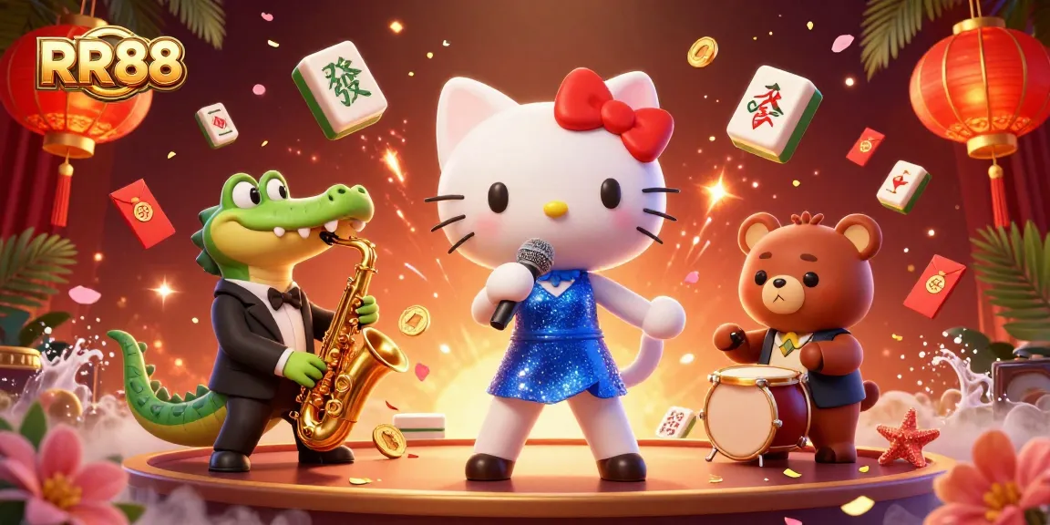 Experience the thrill of RR88 with lively characters singing and playing amidst a vibrant casino environment.