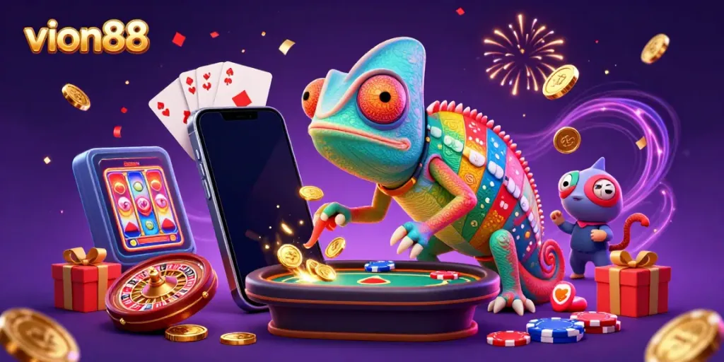 vion88 promotes an engaging gambling scene with a colorful chameleon casino owner and dynamic game elements.