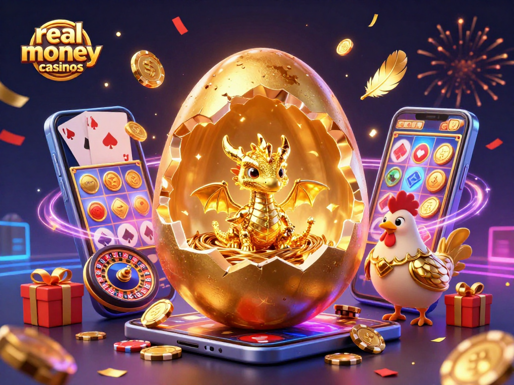 Engage with real money casinos featuring a golden dragon, poker chips, and vibrant slot games.