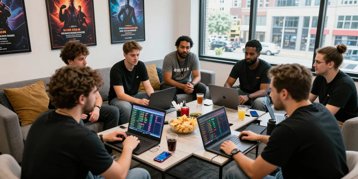 Gamers at a modern discussion about 먹튀스팟 with laptops and snacks, showcasing an engaging gambling community.