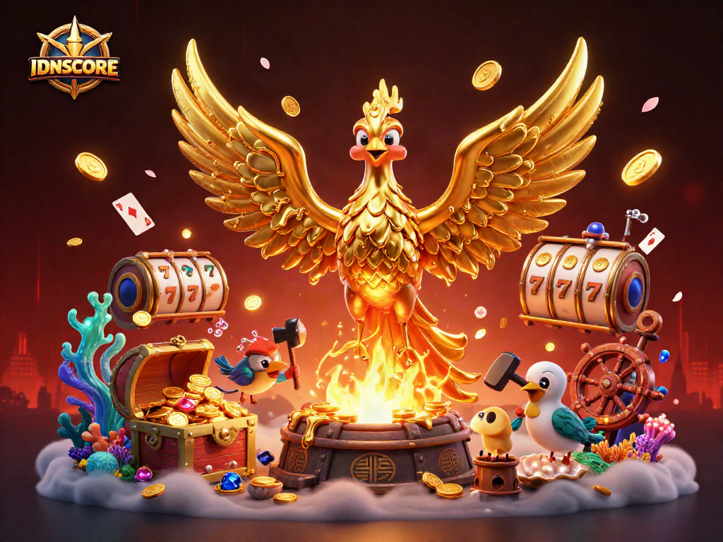 IDNSCORE showcases a dynamic phoenix emerging from gold, surrounded by rich casino elements