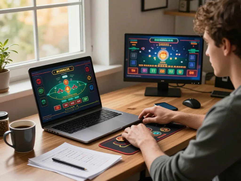 Player enjoying online gaming on TR88 platform, laptop with live dealer game displayed, showcasing responsible gambling.