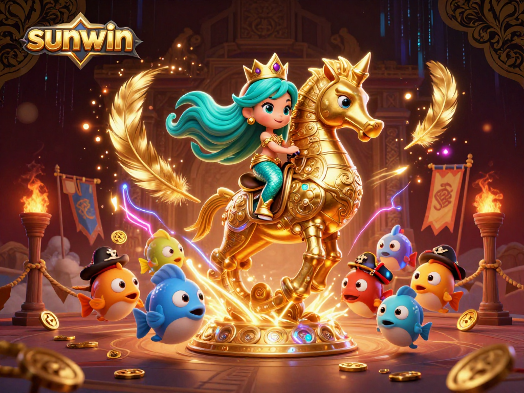 Join the fantasy with sunwin: A vibrant mermaid princess on her golden seahorse in a thrilling casino adventure.