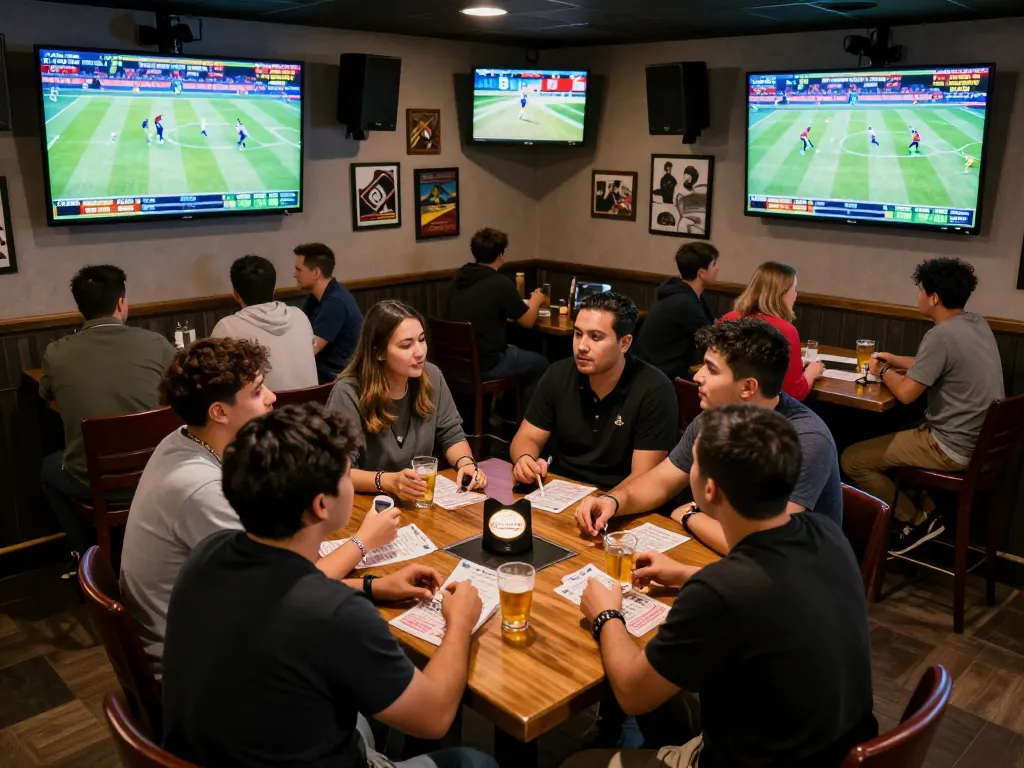 Engaged bettors analyzing tỷ lệ kèo nhà cái 5 in a lively sports bar setting.