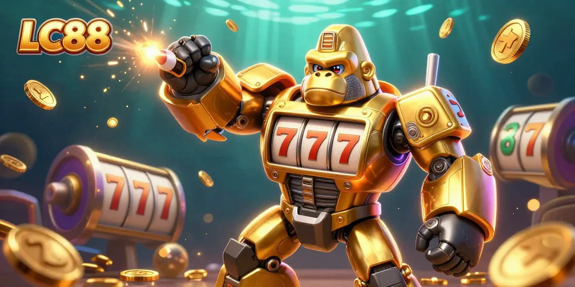 Engage with LC88 as a golden gorilla mech bursts from a slot machine, celebrating wins in a vibrant casino scene.