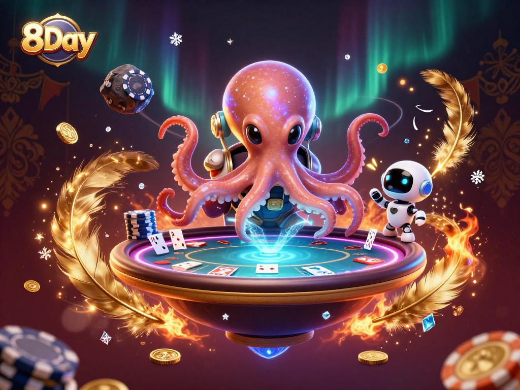 Engage in thrilling poker action at 8Day, led by a charming alien octopus in a dazzling cosmic scene.